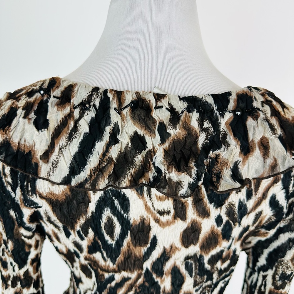 Alberto Makali 90’s Animal Print Ruffle Lace Crinkle Mixed Media Top Size Large - Picture 13 of 15